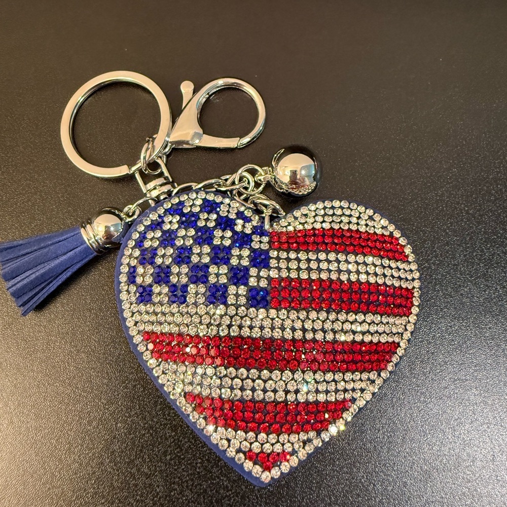 Rhinestone Heart and Flag Purse Charm Keychain - NWT (Pick One) - Picture 5 of 7